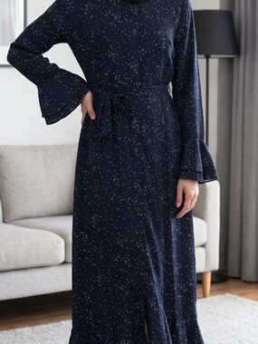 Women's Navy Drop-Print Long  Dress